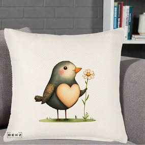 Perna Decorativa Pasare cu Inima si Margareta, 40x40 cm, Crem Reliefat, Husa Detasabila, Perna Inclusa, BEKZ®