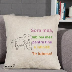 Cadou pentru Sora - Perna Personalizata Sora Mea Te Iubesc Line Art Fete Colorate Brate Ridicate, 40x40 cm, Bej Canapea, Husa Detasabila, Perna Inclusa, BEKZ®