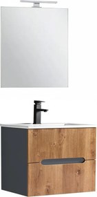 Trent mobilier de baie 60 cm chiuvetă ceramică (2 sertare) cu oglindă 60x80 cm gri antracit - stejar apus de soare