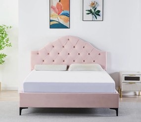 Pat Tapitat Catifea Roz 140x200 cm cu Somiera si Saltea Inclusa , Cod FB-227