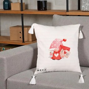 Cadou Romantic - Perna Personalizata I Love You Gnome Valentine cu Scrisoare, 40x40 cm, Bej cu Franjuri, Husa Detasabila, Perna Inclusa, BEKZ®