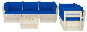 Set mobilier gradina din paleti, 6 piese, cu perne, lemn molid Albastru, 4x colt + mijloc + masa, 1