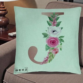 Cadou Personalizat - Perna Personalizata Monograma Rose Gold Litera J, 40x40 cm, Verde Menta, Husa Detasabila, Perna Inclusa, BEKZ®