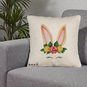 Perna Decorativa Iepuras Flori Urechi Pastelui, 40x40 cm, Bej Canapea, Husa Detasabila, Perna Inclusa, BEKZ®