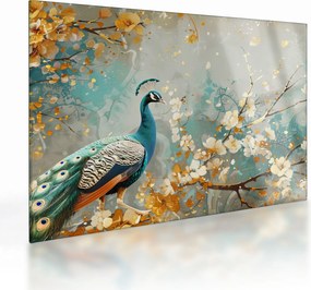 Tablou pe sticlă - Păun cu decor de aur (70x50 cm)