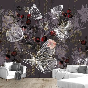 Fototapet - Fluturi vintage cu flori, mov (147x102 cm)