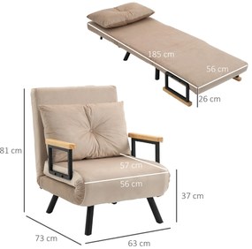HOMCOM Fotoliu convertibil 3 în 1 pat 1 loc spătar 5 poziții, brațe din lemn și pernă, material cu efect catifelat, bej | Aosom Romania