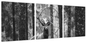 Tablou - Căprioare in pădure 2,alb-negru (cu ceas) (90x30 cm)