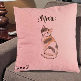 Perna Personalizata Pisica Meow Acuarela, 40x40 cm, Roz, Husa Detasabila, Perna Inclusa, BEKZ®