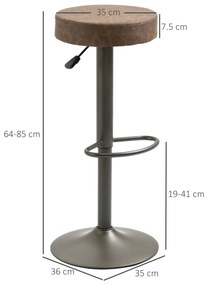 HOMCOM Set 2 Scaune de Bar, Scaune de Bucătărie Pivotante, Înălțime Reglabilă, 35x36x64-85 cm, Maro