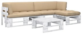 Set mobilier paleti cu perne, 4 piese, alb, lemn pin tratat Bej, 2x colt + suport pentru picioare + masa, Alb, 1