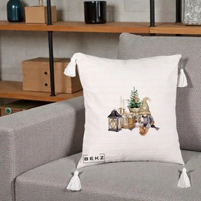 Perna Decorativa Gnom Scandinav cu Felinar, 40x40 cm, Bej cu Franjuri, Husa Detasabila, Perna Inclusa, BEKZ®
