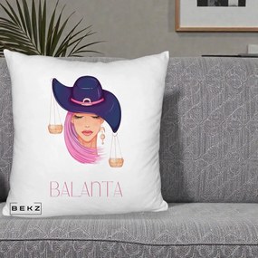 Perna Personalizata Zodiac Balanta Cowgirl, 40x40 cm, Alb Pufos, Husa Detasabila, Perna Inclusa, BEKZ®