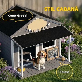 PawHut Casuță din Lemn de Exterior pentru Câini, Cușcă pentru Câini cu Terasă, Fereastră și Acoperiș Impermeabil, 124x112x105 cm, Gri | Aosom Romania