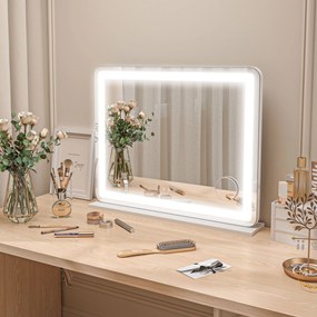 HOMCOM Oglindă de Machiaj cu Lumini LED în 3 Culori, Oglindă de Perete și Masă cu USB, 80x62x14 cm, Alb | Aosom Romania