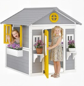 Outsunny Căsuță pentru Copii din Lemn, Exterior și Interior, cu Ușă, Ferestre, Jardiniere și Suporturi pentru Flori, Gri | Aosom Romania