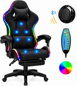 SONICSTRIKE RGB FABRIC– Scaun Gaming cu Masaj în 7 Puncte, Boxe Bluetooth Integrate, Sistem iluminare banda LED RGB, Tapițerie Premium Dublu Strat Anti-Zgâriere, Suport Extensibil pentru Picioare, Negru
