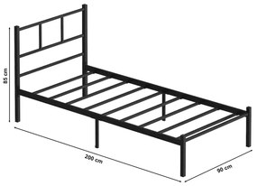 Pat metalic ROVAN 90 x 200 cm pentru o persoană, negru, sarcină maximă 120 kg