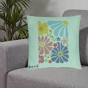 Perna Decorativa Flori Grafice Pastel Multicolor, 40x40 cm, Verde Menta, Husa Detasabila, Perna Inclusa, BEKZ®