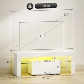 HOMCOM Dulap TV, mobilier TV cu iluminare LED RGB, finisaj ultra-lucios, rafturi din sticlă securizată, 120x34x45cm, alb | Aosom Romania