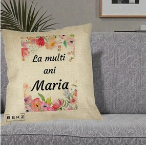 Cadou de Onomastica - Perna Personalizata La Multi Ani Maria Flori Acuarela, 40x40 cm, Crem, Husa Detasabila, Perna Inclusa, BEKZ®