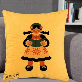 Perna Personalizata Fetita cu Carte Ilustratie Folk, 40x40 cm, Galben, Husa Detasabila, Perna Inclusa, BEKZ®