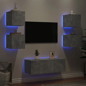 3216814 vidaXL Unități TV de perete cu LED-uri 6 piese gri beton lemn compozit