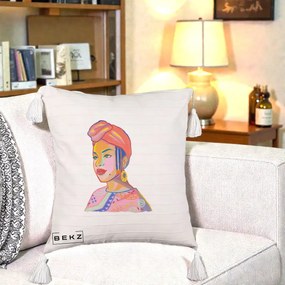 Perna Decorativa Portret Femeie Africana, 40x40 cm, Bej cu Franjuri, Husa Detasabila, Perna Inclusa, BEKZ®