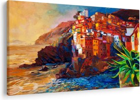 Tablou - Satul de coastă Cinque Terre, Riviera italiană, impresionismul modern (90x60 cm)