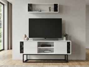 Comoda TV CLARA 160 cm cu polita de perete, alb/marmura neagra