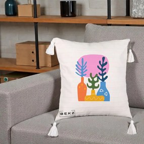 Perna Decorativa Vaze Botanice Abstract, 40x40 cm, Bej cu Franjuri, Husa Detasabila, Perna Inclusa, BEKZ®