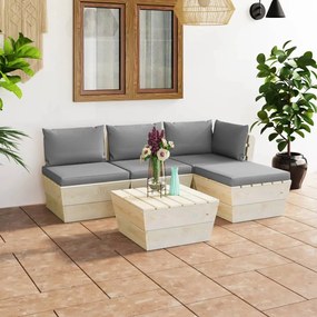Set mobilier gradina din paleti cu perne, 5 piese, lemn molid Gri, colt + 2x mijloc + masa + suport pentru picioare, 1