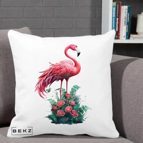Perna Decorativa Flamingo cu Trandafiri Tropicali, 40x40 cm, Alba Mata, Husa Detasabila, Perna Inclusa, BEKZ®