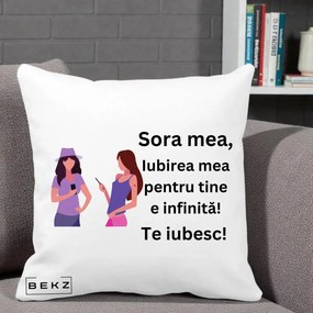 Cadou pentru Sora - Perna Personalizata Sora Mea Te Iubesc Doua Fete cu Telefoane, 40x40 cm, Alba Mata, Husa Detasabila, Perna Inclusa, BEKZ®