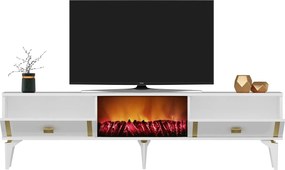 Comoda TV, Hanah Home, Doruk Fireplace, 150x44.6x29.6 cm, Alb/Auriu