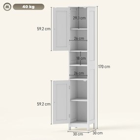 HOMCOM Dulap înalt și îngust pentru baie cu uși, rafturi deschise, 30 x 30 x 170 cm, Alb | Aosom Romania