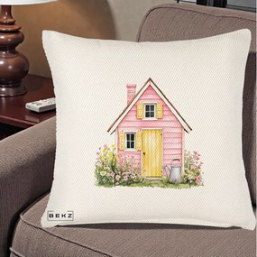 Perna Decorativa Casuta Roz Acuarela cu Gradina, 40x40 cm, Crem Reliefat, Husa Detasabila, Perna Inclusa, BEKZ®