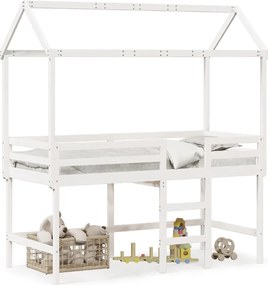 vidaXL Pat etajat cu scară și acoperiș, alb, 90x190 cm, lemn masiv pin