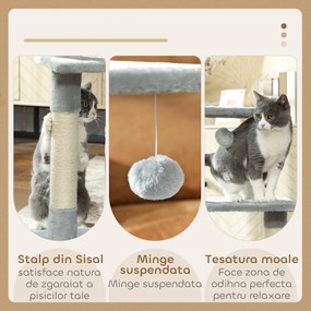 PawHut Șevalet de Zgâriat pentru Pisici cu Căsuță, 2 Platforme și Minge Gri | Aosom Romania
