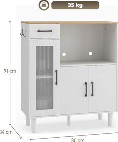HOMCOM Bufet dulap de bucătărie cu sertar, 2 dulapuri, compartiment deschis, ușă acrilică nervurată 80 x 34 x 91 cm Alb+Stejar | Aosom Romania