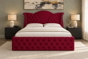 Pat tapițat Chesterfield din catifea Velora Deluxe Classic 140×200 cm, vișiniu, cu ladă de depozitare