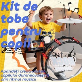 AIYAPLAY Set Tobă de Jucărie pentru Copii cu Scaun, Joc Muzical pentru Copii 3-6 Ani, Negru | Aosom Romania