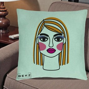 Perna Decorativa Portret Pop Art Fata, 40x40 cm, Verde Menta, Husa Detasabila, Perna Inclusa, BEKZ®