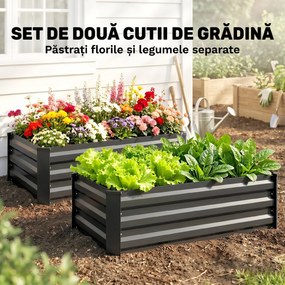 Outsunny Set de 2 Paturi Galvanizate Inaltate pentru Gradina, Cutie de Plantare Inaltata pentru Exterior, Usor de Asamblat, pentru Cultivarea Florilor