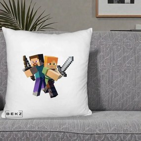 Perna Personalizata Minecraft Steve si Alex, 40x40 cm, Alb Pufos, Husa Detasabila, Perna Inclusa, BEKZ®
