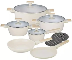 RESIGILAT - Set oale si tigai antiaderente cu capace Klausberg KB7833, bej, 16/20/24/28 cm, design modern, potrivite pentru toate tipurile de plita