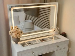 SEA498 - Set Masa toaleta 90 cm, cosmetica machiaj, oglinda cu LED, masuta vanity cu Priza, USB si Suport Uscator par - Alb