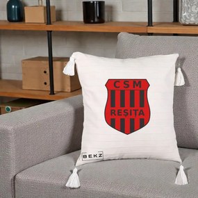 Perna Personalizata CSM Resita Fotbal, 40x40 cm, Bej cu Franjuri, Husa Detasabila, Perna Inclusa, BEKZ®