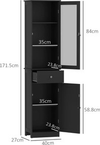 kleankin Coloană Baie economisitoare de spațiu cu dulăpior, sertar și rafturi din MDF, 40x27x171.5cm, Negru | Aosom Romania