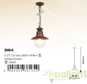 Pendul, Lustra cu protectie IP44 de exterior, diametru 21,5cm, finisaj maro antic, Odessa 8164 RX